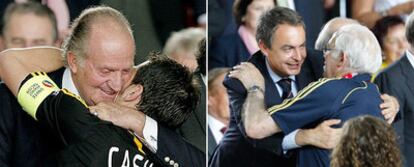 El rey Juan Carlos abraza a Casillas tras la victoria. A la derecha, Rodríguez Zapatero felicita a Luis.