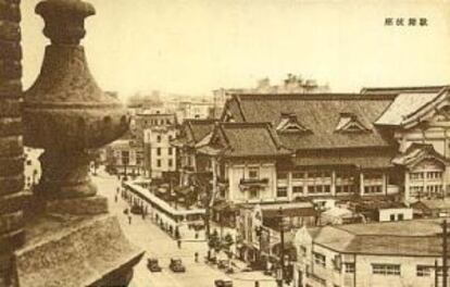 Postal antigua del teatro Kabukiza de Tokio, inaugurado en 1889.