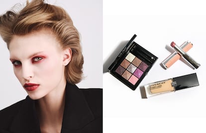 A la izda., base Prisme Libre Skin-Caring Matte (Rose Ivory, N95) y labial Le Rouge Interdit Intense Silk (Grenat Initié, 307) usado en los ojos para acentuar los burdeos de la paleta Le 9 (tono 03). Máscara de pestañas L’Interdit Couture Volume, lápiz de cejas Mister Eyebrow Pencil (Light, 01) y labio delineado con el lápiz número 9 y coloreado con labial Rose Perfecto Shine Serum (Chilling Brown, 117). Todo de GIVENCHY BEAUTY. Americana negra de GIVENCHY por SARAH BURTON.
A la dcha., paleta de sombras Le 9 de Givenchy (tono 03); labial con tratamiento hidratante, enriquecido con ácido hialurónico, Rose Perfecto Shine Serum Lipstick (tono Rose Perfecto, 118); y fondo de maquillaje Prisme Libre Glow Serum Foundation (tono 0,5N), una base híbrida a medio camino entre el maquillaje y el tratamiento, que corrige imperfecciones y realza la tez jugando con pigmentos en blanco, negro, rojo y amarillo. Todo de GIVENCHY BEAUTY.