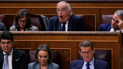 El eurodiputado del Partido Popular Esteban González Pons gesticula durante el discurso de investidura del candidato socialista Pedro Sánchez, este miércoles en el Congreso de los Diputados.