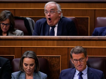 El eurodiputado del Partido Popular Esteban González Pons gesticula durante el discurso de investidura del candidato socialista Pedro Sánchez, este miércoles en el Congreso de los Diputados.