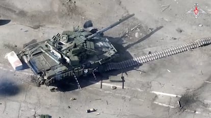 A view shows what Russian Defence Ministry says is a destroyed tank of Ukraine-based armed groups after an attempted incursion into Russian territory at a border crossing between Russia and Ukraine near the village of Nekhoteevka in the Belgorod Region, Russia, in this still image taken from video released March 12, 2024