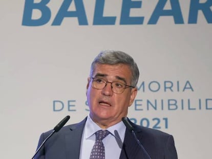 El presidente de Balèaria, Adolfo Utor, durante la presentación de resultados de 2021.