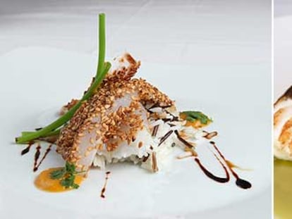 El skrei, según Andrés Madrigal: con sésamo y arroz, chupito de soja y muselina de ajo y asado con crema de guisantes.