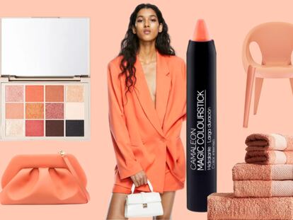 Productos de belleza, moda y decoración en color peach fuzz, tendencia en 2024.