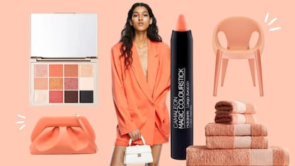 Productos de belleza, moda y decoración en color peach fuzz, tendencia en 2024.