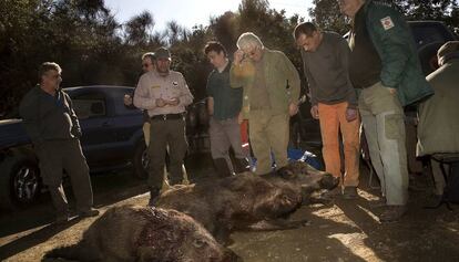 Un grupo de cazadores despu&eacute;s de una batida en Collserola