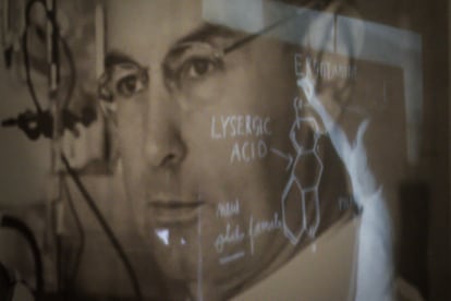 Retrato de Albert Hofmann expuesto en la muestra 'LSD, the 75 Years of a Problem Child', celebrada en Berna en 2018. 