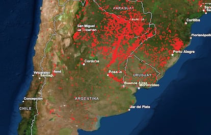 Captura del sitio de Manejo de Información del Fuego de la NASA. Cada punto rojo es in foco de incendio.