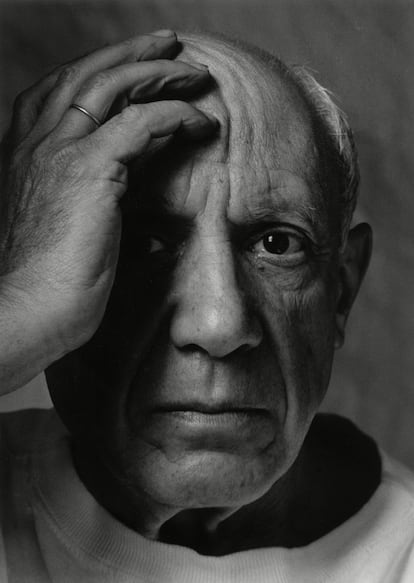 Pablo Picasso fue retratado por muchos de los grandes fotógrafos del siglo XX, algunos de los cuales se convertían en amigos personales. Le gustaba posar, por lo que son pocas las imágenes que le muestran trabajando. La imagen es un retrato del estadounidense Arnold Newman (1918-2006), tomado el 2 de junio de 1954 en Vallauris, Francia, donde el pintor vivió entre 1947 y 1955.