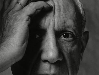 Pablo Picasso fue retratado por muchos de los grandes fotógrafos del siglo XX, algunos de los cuales se convertían en amigos personales. Le gustaba posar, por lo que son pocas las imágenes que le muestran trabajando. La imagen es un retrato del estadounidense Arnold Newman (1918-2006), tomado el 2 de junio de 1954 en Vallauris, Francia, donde el pintor vivió entre 1947 y 1955.