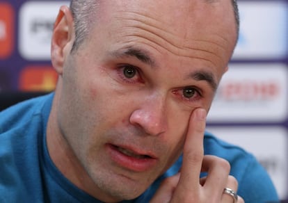 Andrés Iniesta, durante la rueda de prensa que anuncia su marcha del FC Barcelona.