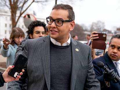 Representative George Santos leaves a House GOP conference meeting on Capitol Hill, in Washington, on January 25, 2023.