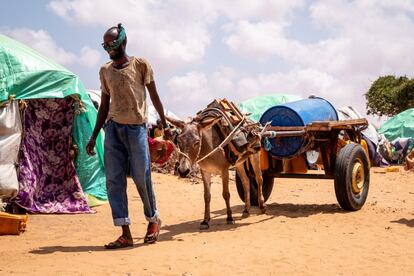 Un hombre usa un trozo de tela sobre la nariz a modo de mascarilla para protegerse de la covid-19, mientras camina en su carro tirado por burros repartiendo agua en el asentamiento de desplazados internos de Luglow.