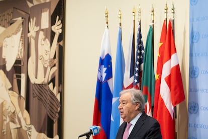António Guterres hace una declaración sobre la situación humanitaria en Gaza, en la sede de las Naciones Unidas en Nueva York, este martes.