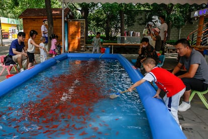 Padres con sus hijos en una piscina para pescar en un parque de Pekín, China, este miércoles.