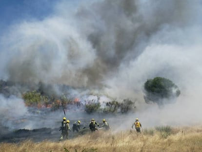 Bomberos de la brigada helitransportada de Valdemorillo, durante la extinción de un incendio en El Álamo en 2012.