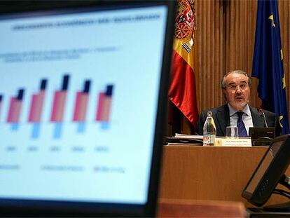 El vicepresidente segundo, Pedro Solbes, durante la presentación del proyecto de Presupuestos.