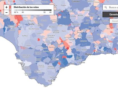 Mapa de resultados de las elecciones en Andalucía por municipios y provincias