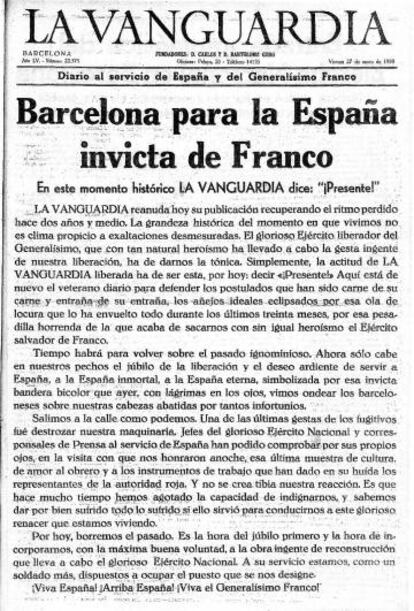 Portada del 27 de gener de 1939 de 'La Vanguardia'.
