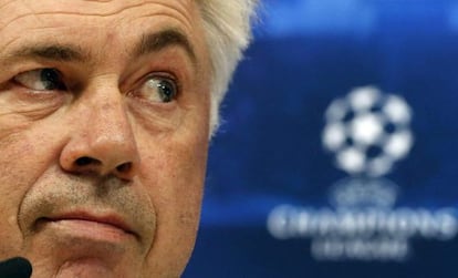 Ancelotti, este lunes en un momento de la rueda de prensa.