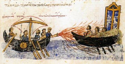 Escenificación del 'fuego líquido' según un manuscrito bizantino.