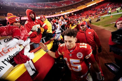 Kansas City Chiefs quarterback Patrick Mahomes (15), after an NFL divisional round playoff football game between the Kansas City Chiefs and the Jacksonville Jaguars, Saturday, Jan. 21, 2023, in Kansas City, Mo. The Kansas City Chiefs won 27-20.