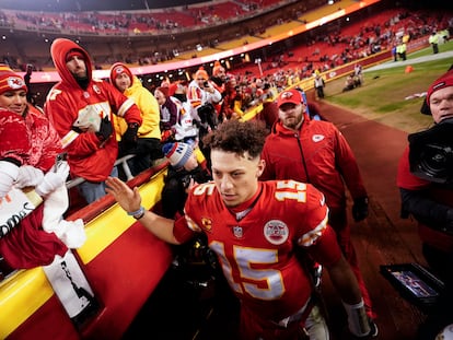 Kansas City Chiefs quarterback Patrick Mahomes (15), after an NFL divisional round playoff football game between the Kansas City Chiefs and the Jacksonville Jaguars, Saturday, Jan. 21, 2023, in Kansas City, Mo. The Kansas City Chiefs won 27-20.