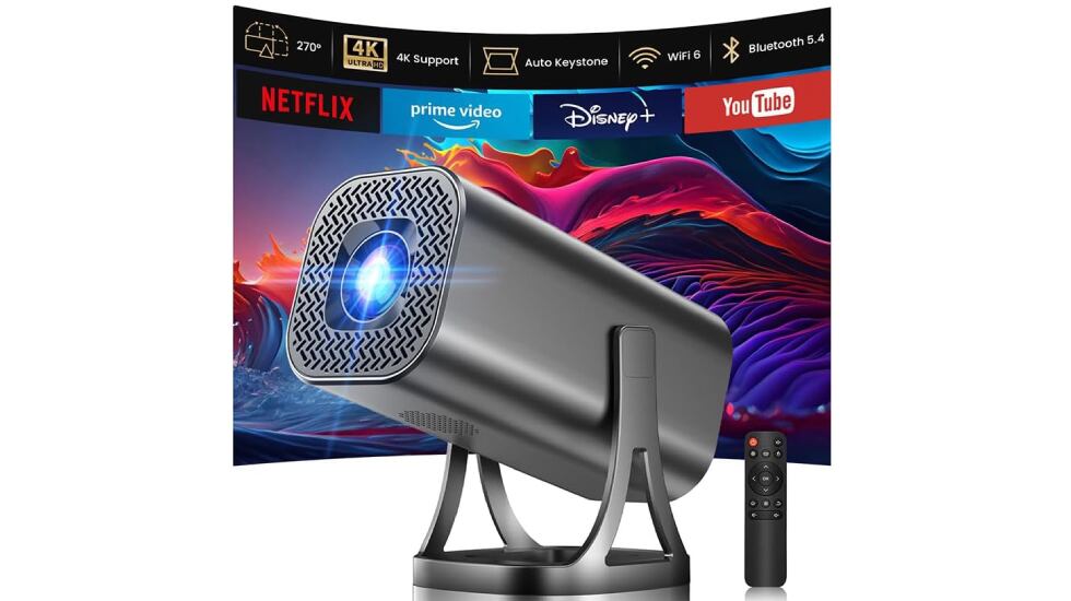 Proyector portátil con calidad imagen 4K y soporte incluido.