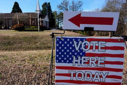 A voting sign is seen near a voting center at Croft Baptist Church, Feb. 24, 2024, in Spartanburg, S.C.