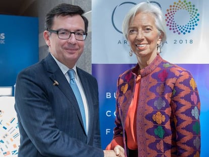 El ministro de Economía, Román Escolano, junto a la directora gerente del FMI, Christine Lagarde.