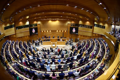 Minuto de silencio para condenar los últimos asesinatos por violencia machista, antes del inicio del pleno del Senado, este martes.