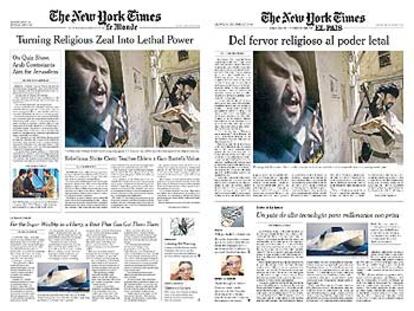 Reproducción de la portada del último suplemento de <i>The New York Times</i> en <i>Le Monde </i>y la versión de prueba de EL PAÍS.