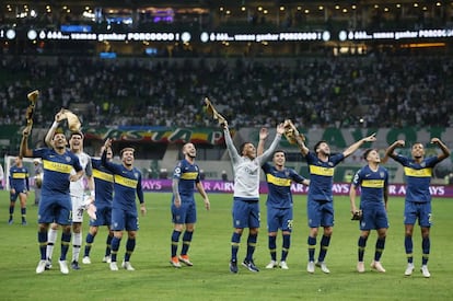 Jugadores de Boca celebran el pase a la final de la Libertadores frente a Palmeiras, en Brasil.