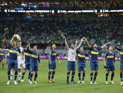 Jugadores de Boca celebran el pase a la final de la Libertadores frente a Palmeiras, en Brasil.