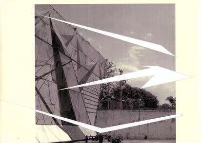 En este collage, el artista Marco Roundtree Cruz hace un ejercicio de composición similar al iniciado por la arquitecta. En este caso usa como fondo imágenes históricas de la galería y traza las líneas de geometría mediante cortes en el papel.