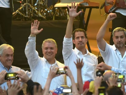 Sebastián Piñera, Iván Duque, Juan Guaidó and Mario Abdo at the Venezuela Aid Live concert benefit in Cúcuta, Colombia, on February 22, 2019.