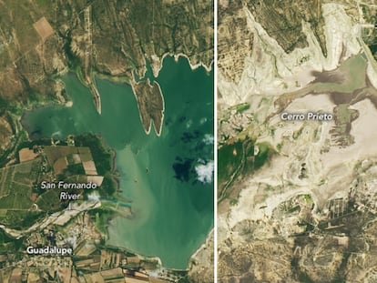 Vista satelital de la presa Cerro Prieto, en Nuevo León, los días 20 de julio de 2015 y 7 de julio de 2022.