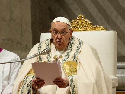 Pope Francis presides over a Holy Mass to Easter Vigil in the Holy Night of Easter at Saint Peter's Basilica in Vatican City, on March 30, 2024.