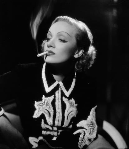 Marlene Dietrich in a promotional portrait for 'Angel' (1937) with her cigarette.