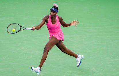 Venus Williams concentrates on her shot as she faces Veronika Kudermetova during round one of the Western & Southern Open at the Lindner Family Tennis Center in Mason Monday, August, 14, 2023.