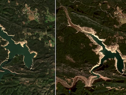 Comparativa del cauce del río Muga, en el pantano de Darnius (Girona). La imagen de la izquierda es de 2017; la de la derecha, en la actualidad.