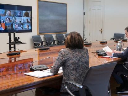 El presidente del Gobierno, Pedro Sánchez, en la reunión del Comité Científico de la Covid-19, el sábado pasado.