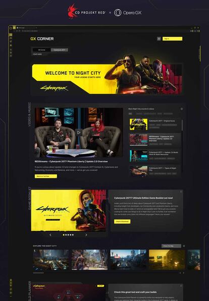 Interfaz en el navegador Opera GX hub con Cyberpunk 2077