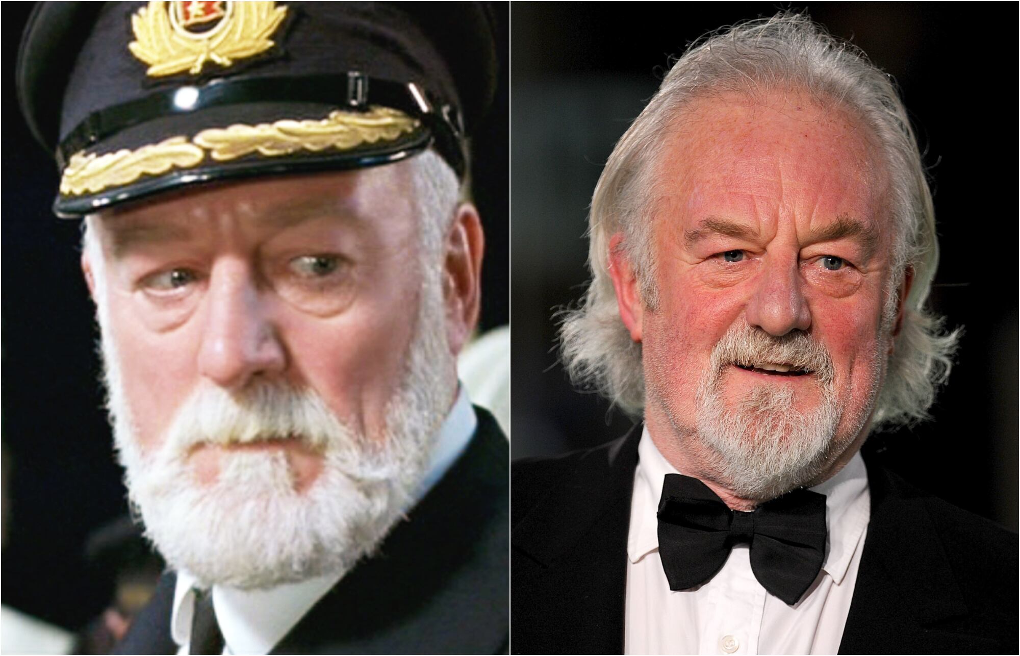 A la izquierda, Bernard Hill en 'Titanic'; a la derecha, en 2012. 