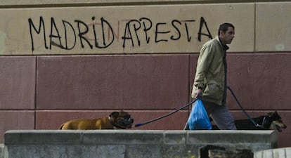 Octava jornada de huelga del servicio de limpieza en Madrid. En la imagen n hombre pasea a sus perros junto a una pintada en la que se puede leer 'Madrid appesta', 13 de noviembre de 2013.