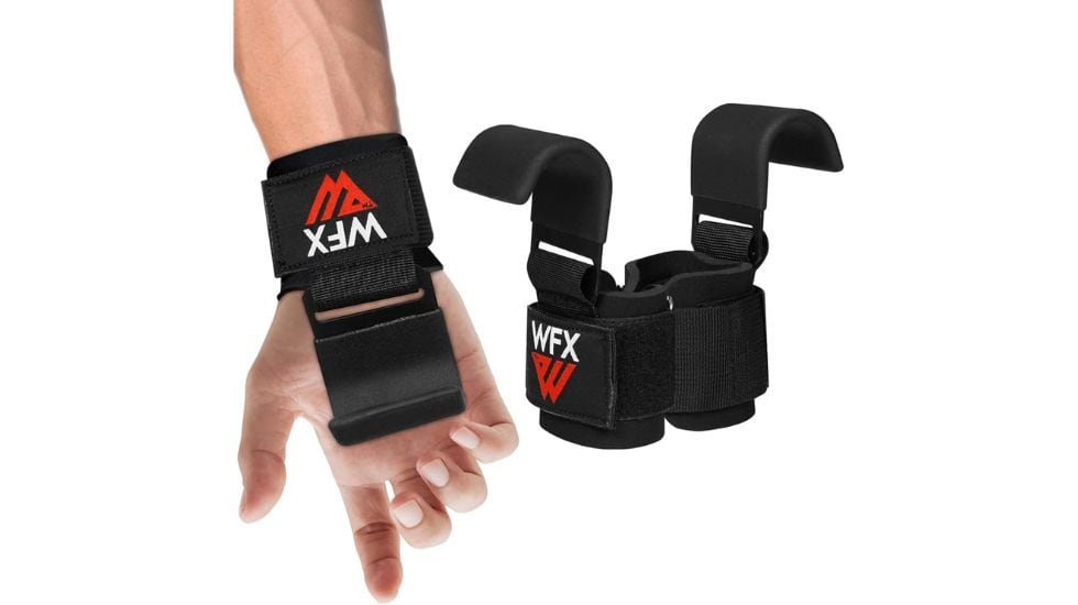 Muñequeras con ganchos para ejercicios de levantamiento de pesas.