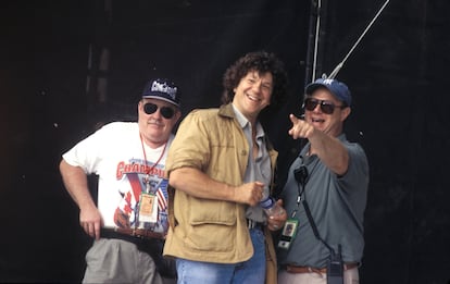 Michael Lang, the creator of the Woodstock brand, and John Scher, the primary promoter of the ill-fated 1999 iteration, on the festival stage on July 24, 1999.