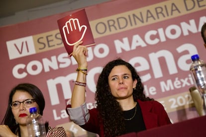 Luisa María Alcalde durante su participación en la VI Sesión Ordinaria del Consejo Nacional de Morena, este domingo.