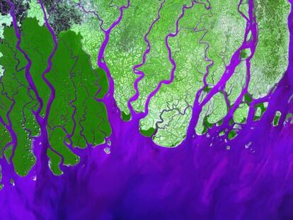 El delta del r&iacute;o Ganges, que muere en el &Iacute;ndico (color a&ntilde;il) es uno de los m&aacute;s amenzados por las inundaciones.